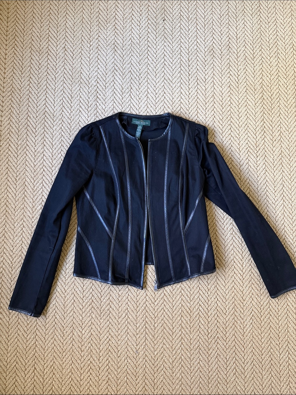 Lauren Ralph Lauren Black Paneled Zip-Front Jacket with Leather Trim